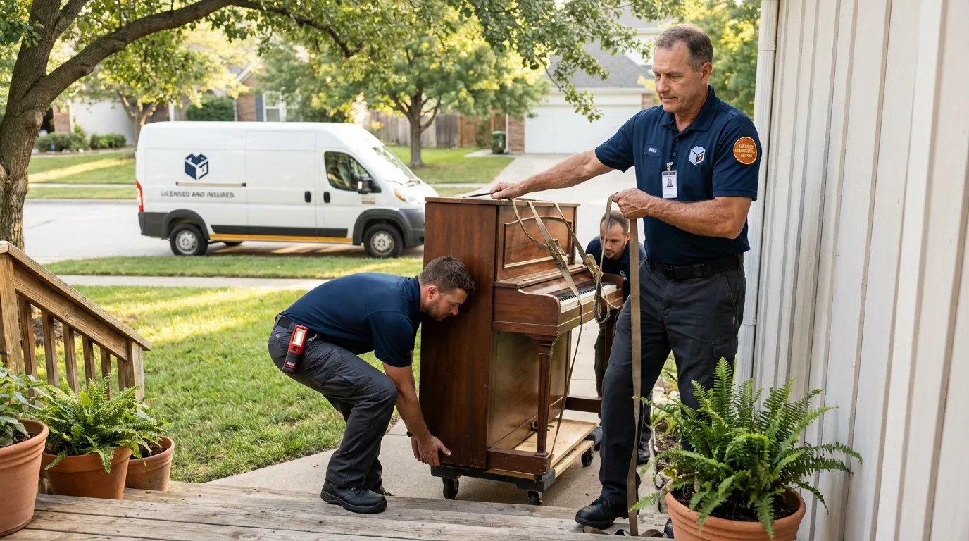 Licensed piano movers securing grand piano in Scott City, MO