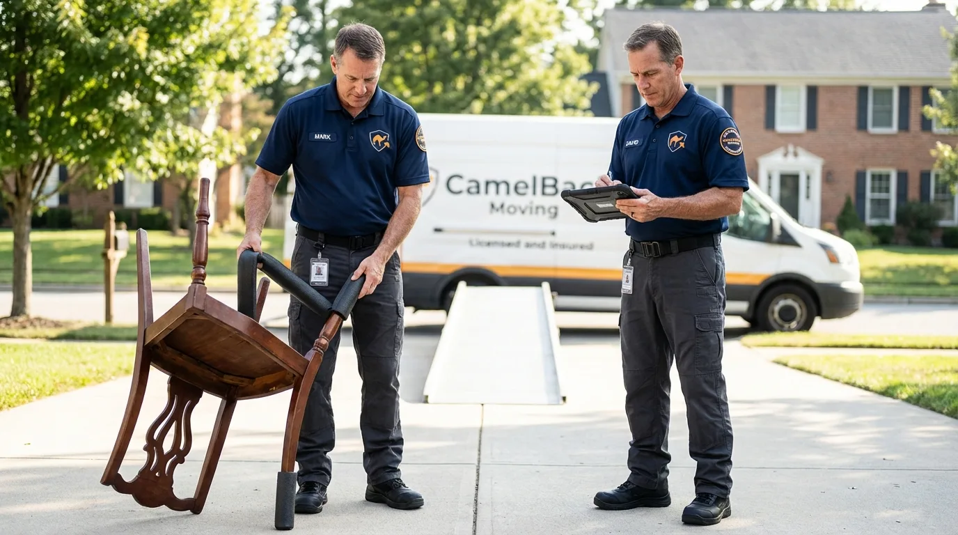 Movers inspecting furniture for damage prevention before loading in Scott City, MO